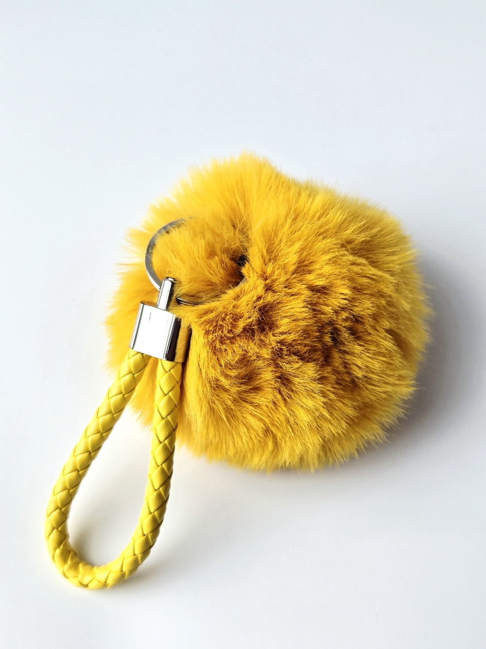 Yellow Fluffy Faux Fur Pom Pom Keychain Bag Charm Braided Faux Leather Wristlet